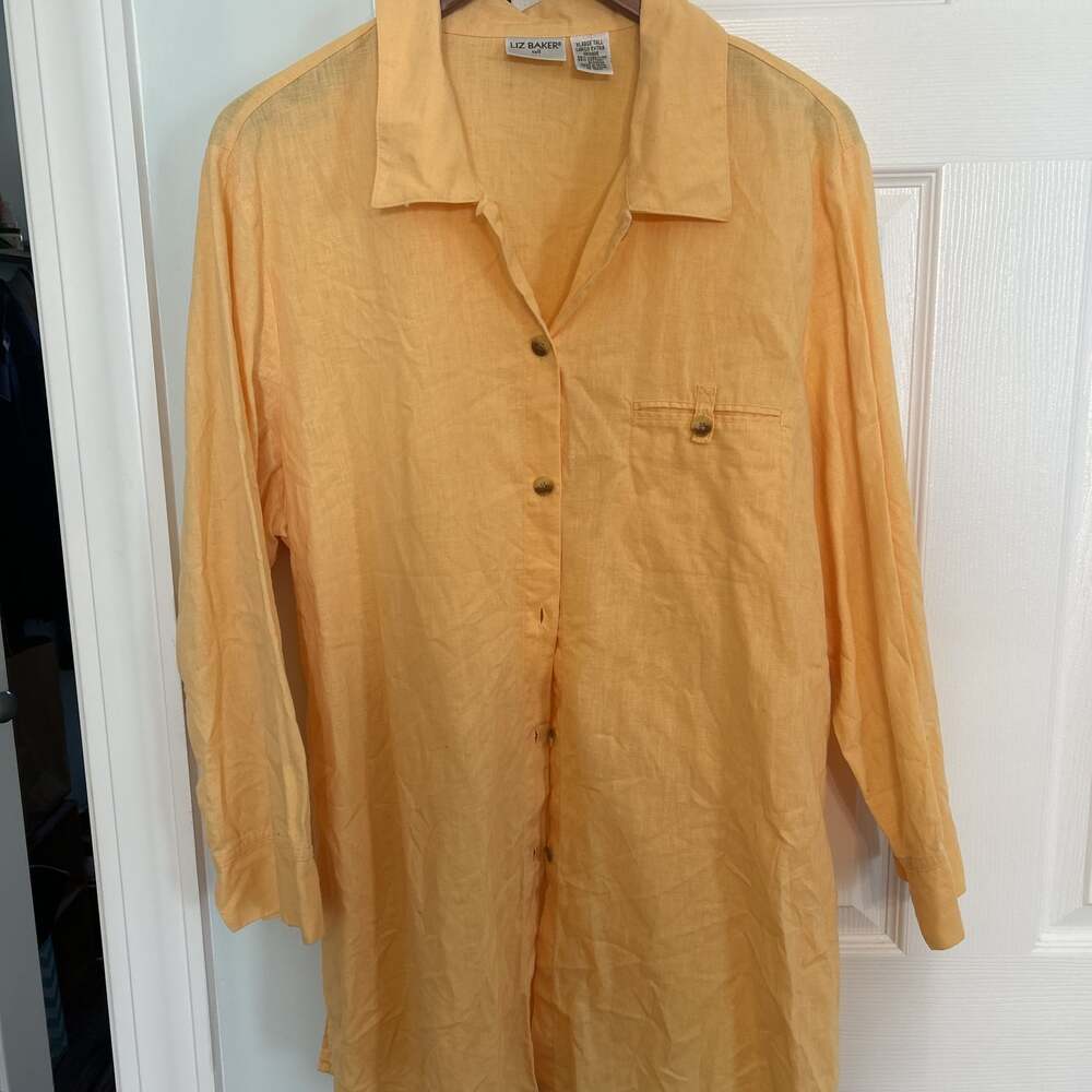 Liz Baker Womens Tall Long Sleeve Yellow Linen and Cotton Natural Blend Button D